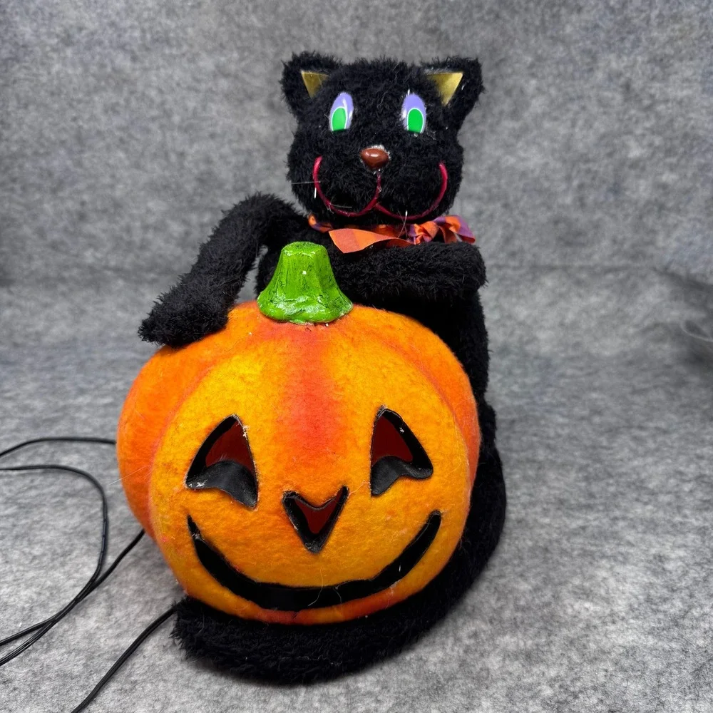 Vtg Gemmy Fiberoptic Halloween Black Cat Jack O Lantern Lamp Decor 2004 Pumpkin